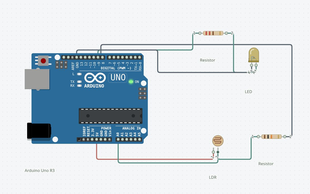 Automatic Night Light: the matching Arduino Uno circuit rendered in Circuitera’s simulator