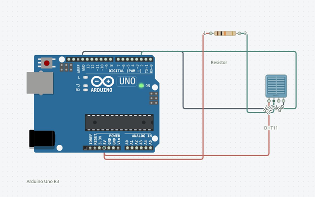 DHT11 Temperature & Humidity: the matching Arduino Uno circuit rendered in Circuitera’s simulator