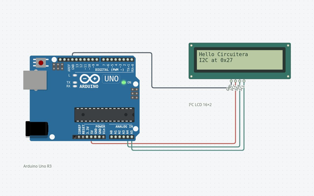 I2C LCD Hello World: the matching Arduino Uno circuit rendered in Circuitera’s simulator