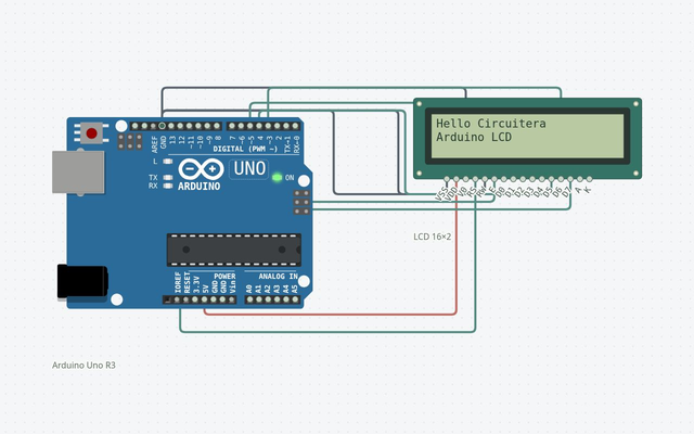 LCD Hello World: the matching Arduino Uno circuit rendered in Circuitera’s simulator