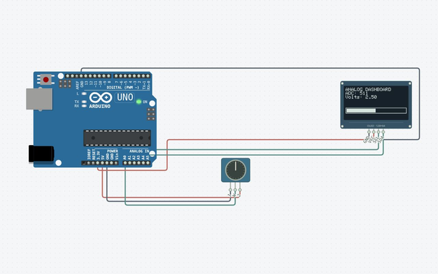 OLED Sensor Dashboard: the matching Arduino Uno circuit rendered in Circuitera’s simulator