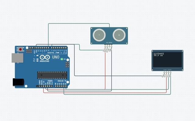 OLED Distance Meter: the matching Arduino Uno circuit rendered in Circuitera’s simulator