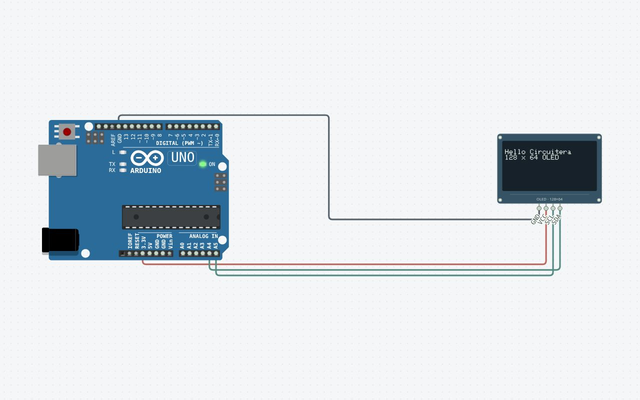 OLED Hello World: the matching Arduino Uno circuit rendered in Circuitera’s simulator