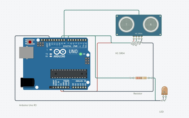 Parking Sensor: the matching Arduino Uno circuit rendered in Circuitera’s simulator