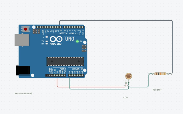 Photoresistor Light Sensor: the matching Arduino Uno circuit rendered in Circuitera’s simulator