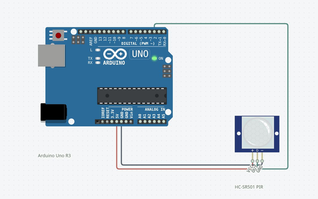 PIR Motion Detector: the matching Arduino Uno circuit rendered in Circuitera’s simulator