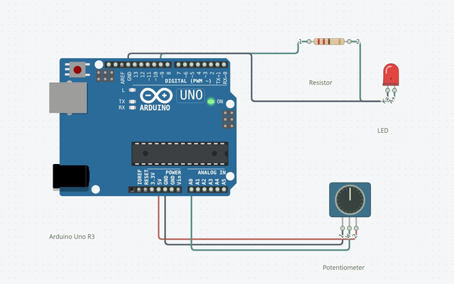 Potentiometer LED Brightness: the matching Arduino Uno circuit rendered in Circuitera’s simulator