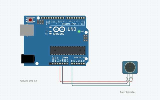 Potentiometer Analog Input: the matching Arduino Uno circuit rendered in Circuitera’s simulator
