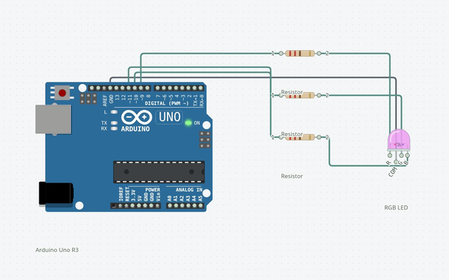 RGB LED Color Mixer: the matching Arduino Uno circuit rendered in Circuitera’s simulator