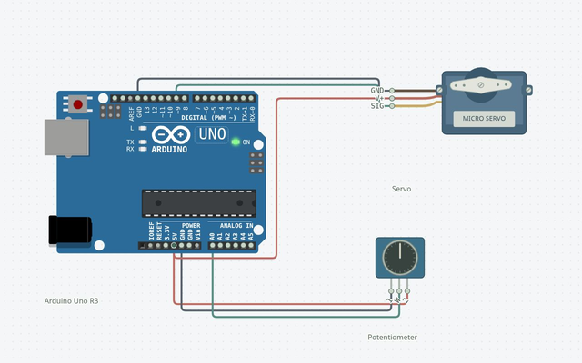 Servo + Potentiometer: the matching Arduino Uno circuit rendered in Circuitera’s simulator