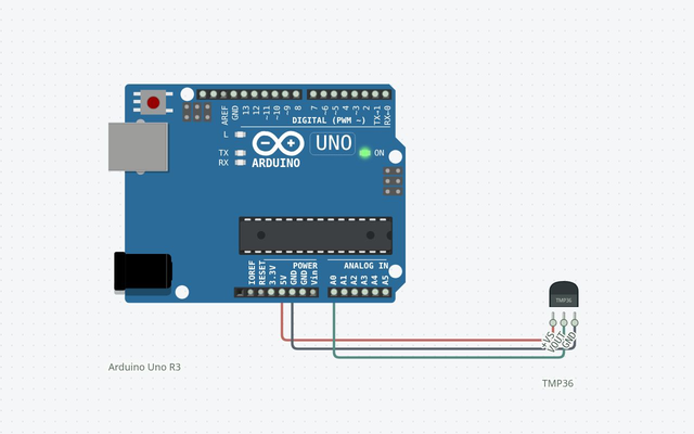 TMP36 Temperature Sensor: the matching Arduino Uno circuit rendered in Circuitera’s simulator