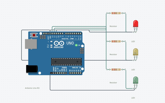 Traffic Light: the matching Arduino Uno circuit rendered in Circuitera’s simulator