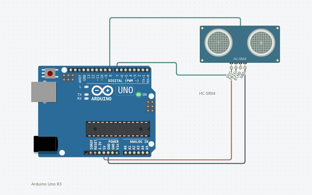 Ultrasonic Distance Sensor: the matching Arduino Uno circuit rendered in Circuitera’s simulator