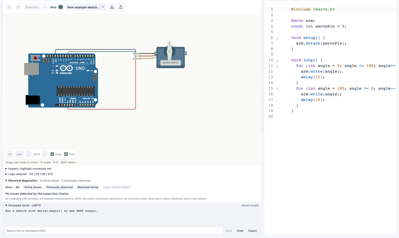 Servo Sweep project loaded in Circuitera with signal on D9