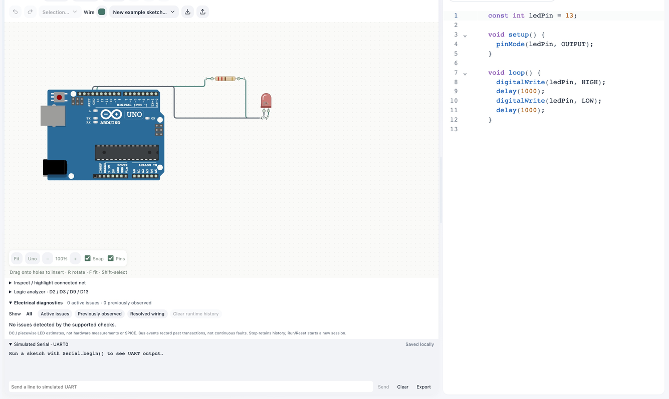 Circuitera simulator showing a wired Arduino Uno and LED circuit beside its sketch